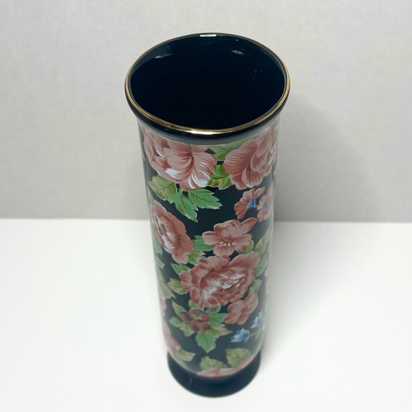 Otagiri Tavistock Floral Garden Vase Black Pink Flowers Gold Trim Made In Japan - Picture 4 of 5
